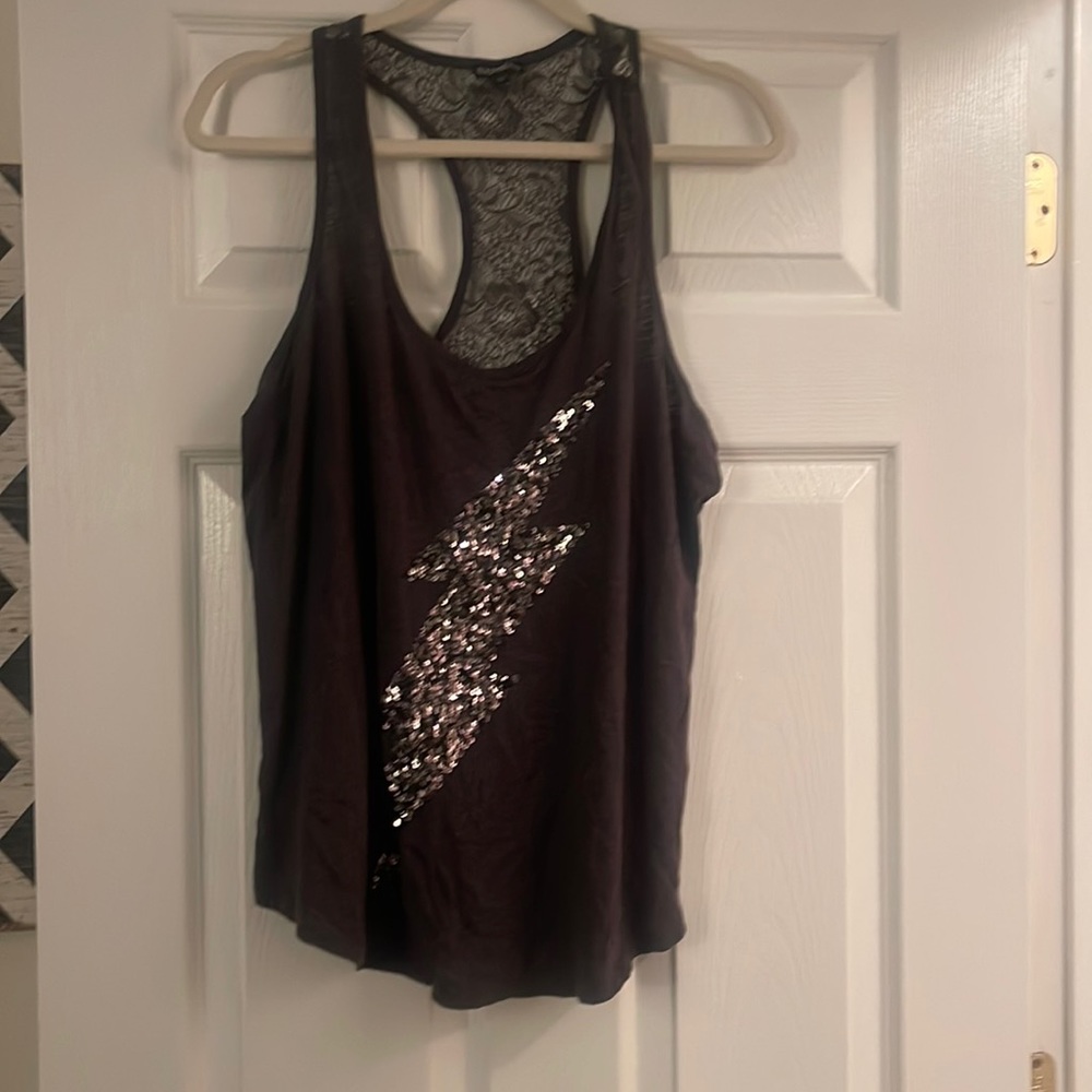 Express Lace back tank with sequin lightening bolt